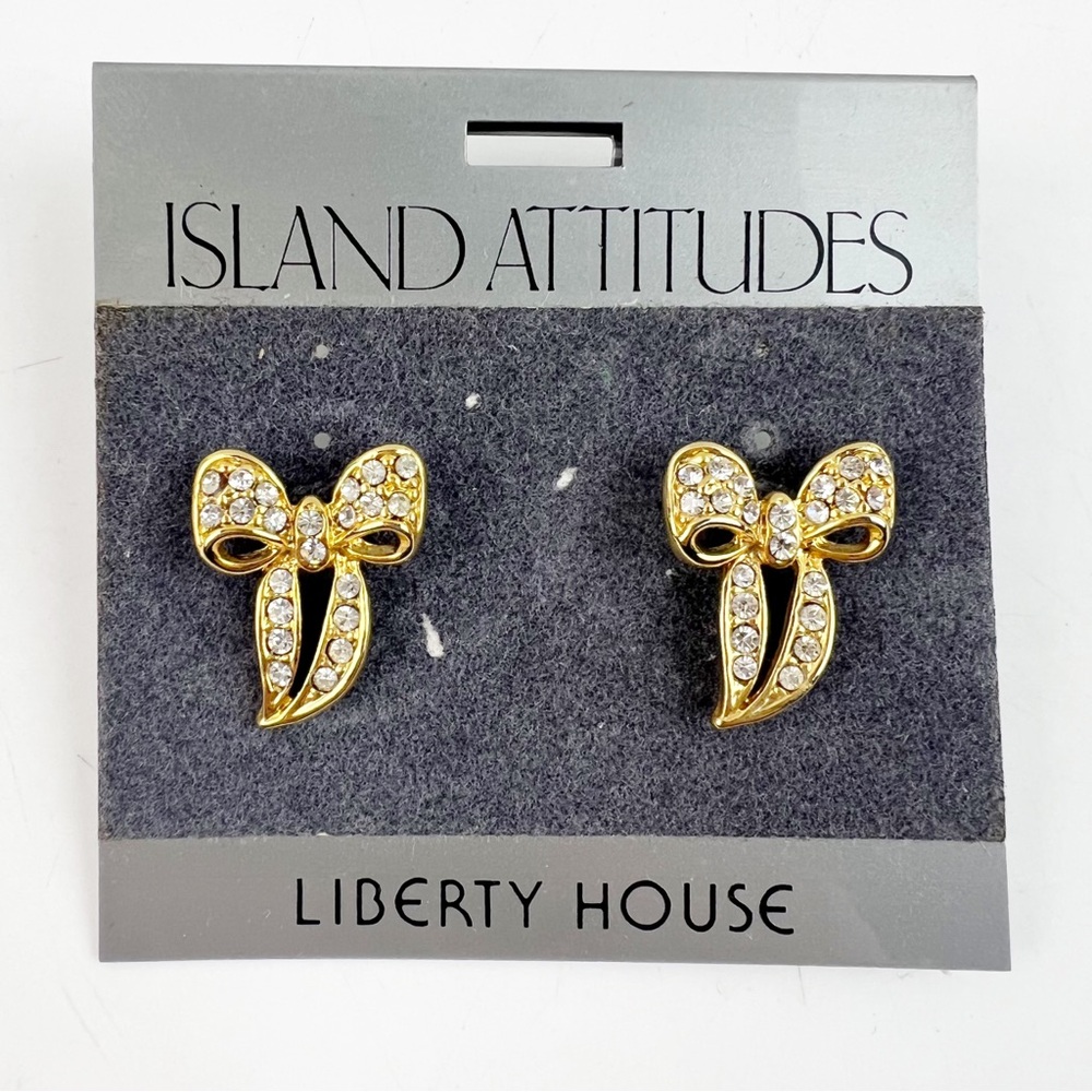 NEW Vtg Island Attitudes Liberty House Earrings Goldtone Bows Rhinestone Pierced